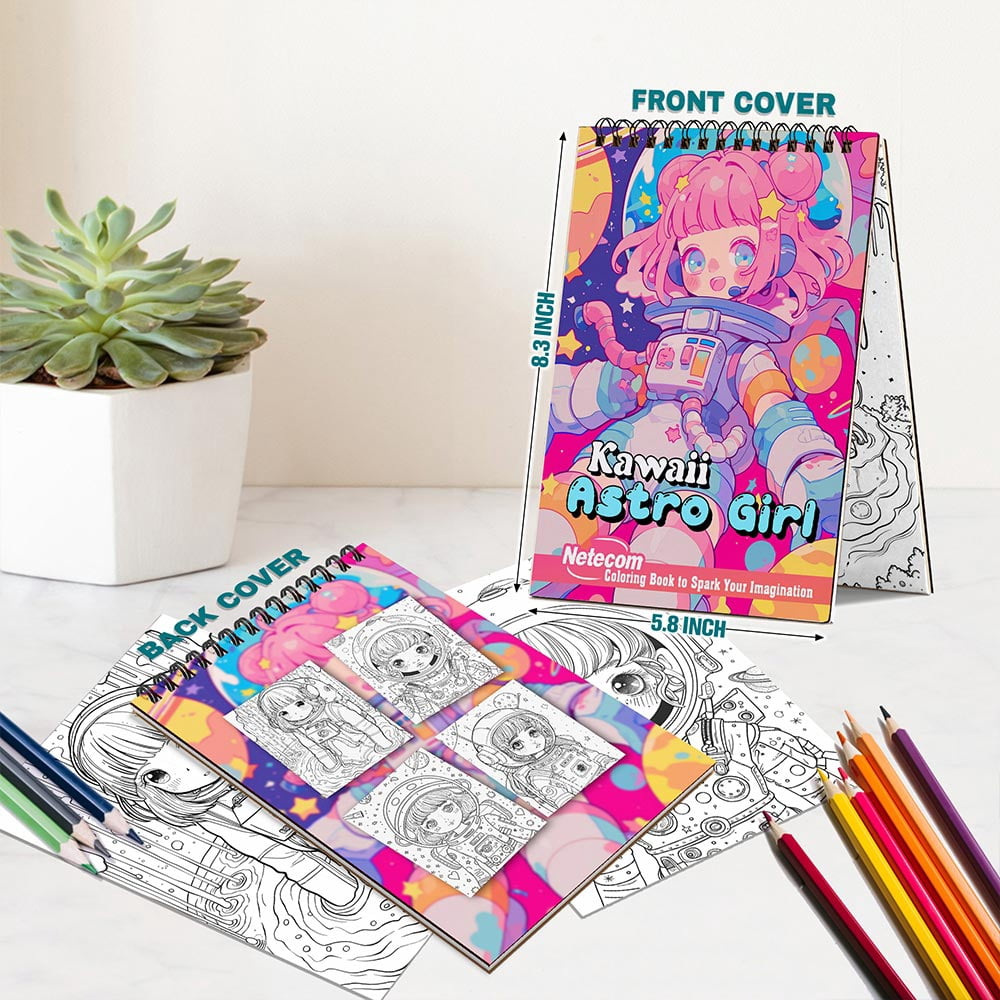 Netecom Kawaii Astronaut Girl Coloring Book for Adults and Women, A5 Wooden Cover, 30 Fantastic Outer Space Coloring Pages of Astronaut Girl for Stress Relief and Relaxation, Spiral Bound Edition