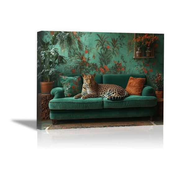 Mudket Leopard on Green Sofa Tropical Botanical Canvas Wall Art, Boho Vintage Canvas Art for Living Room Bedroom Print for Apartment Home Decor , Framed Ready to Hang - 12"L x 8"W
