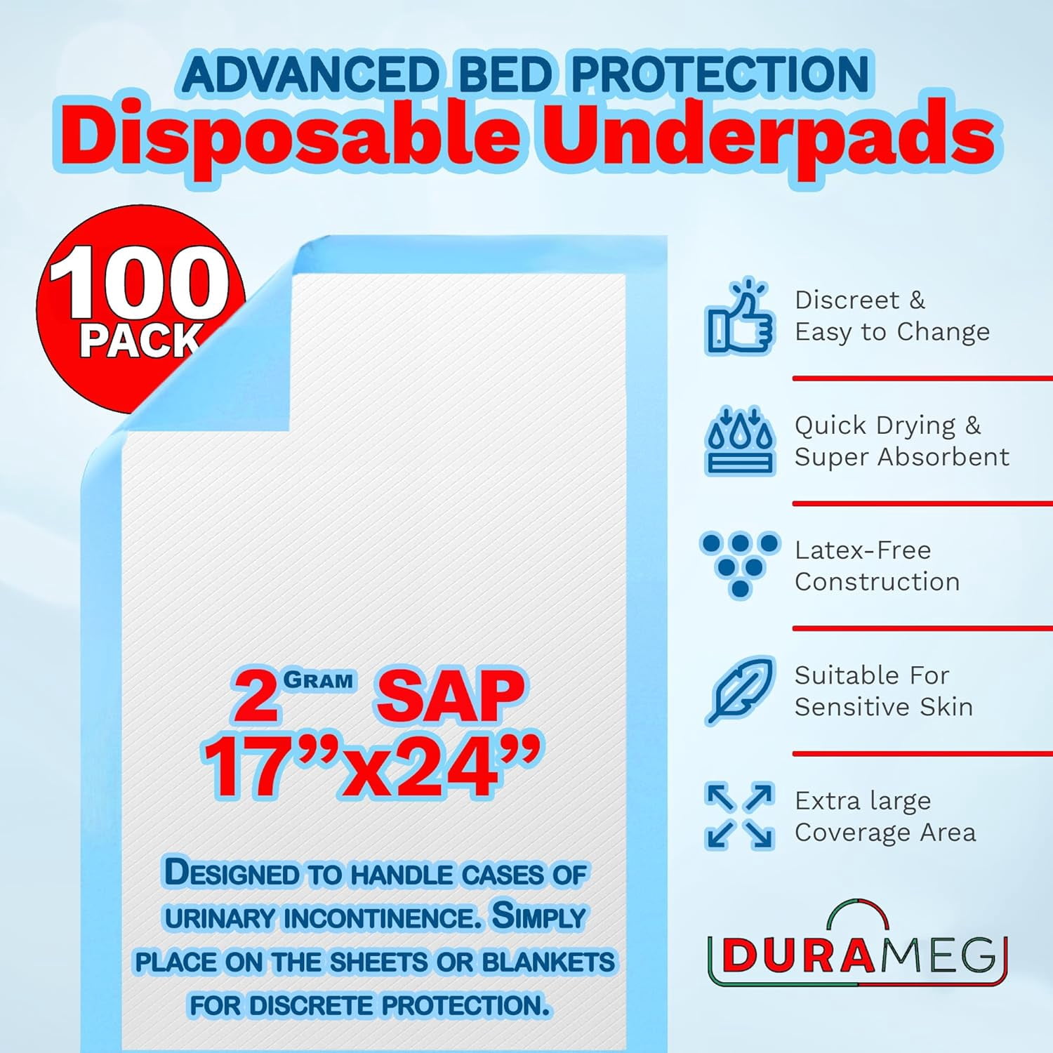 Chucks Pad Disposable Underpads 17x24 | [100 Pack] Incontinence Chux Pads Absorbent 2g SAP Fluff Protective Bed & Pee Pads for Babies,-,Adults & Elderly | Puppy Pads Large for Training Leak Proof