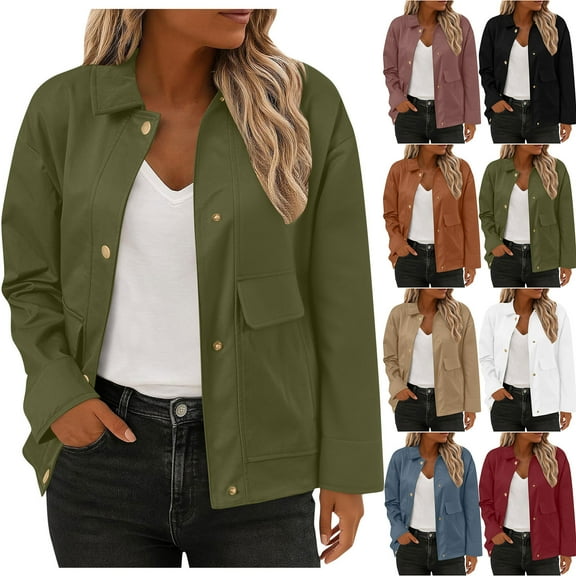 Crunowin Womens Casual Jacket, Long Sleeve Lapel Button Down Cropped Shacket Jacket With Pockets Army Green M