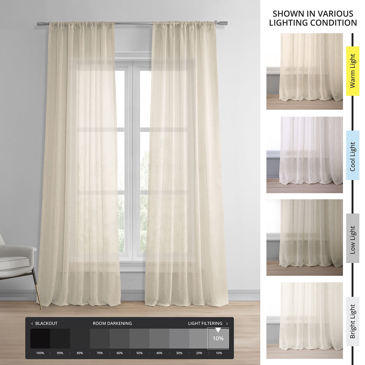 Cotton Seed Solid Faux Linen Sheer Curtain (1 Panel), Cotton Seed, 50W X 120L