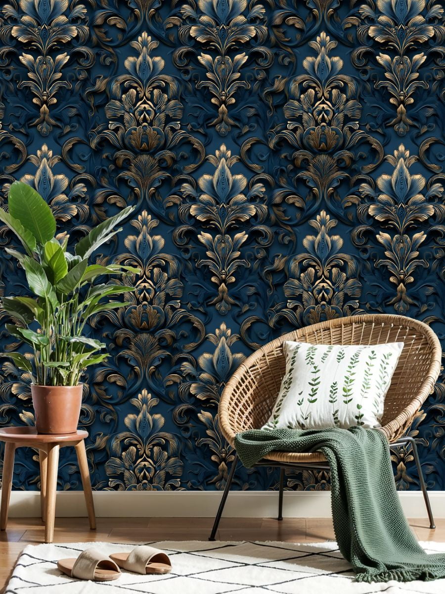 Peel and Stick Wallpaper Luxurious Baroque Floral Deep Blue Gold Embossed Style Wall Mural 17.7in x 9.8ft Self Adhesive Removable Wall Paper Renter Friendly Wallpaper for Nursery Bedroom Cabinets
