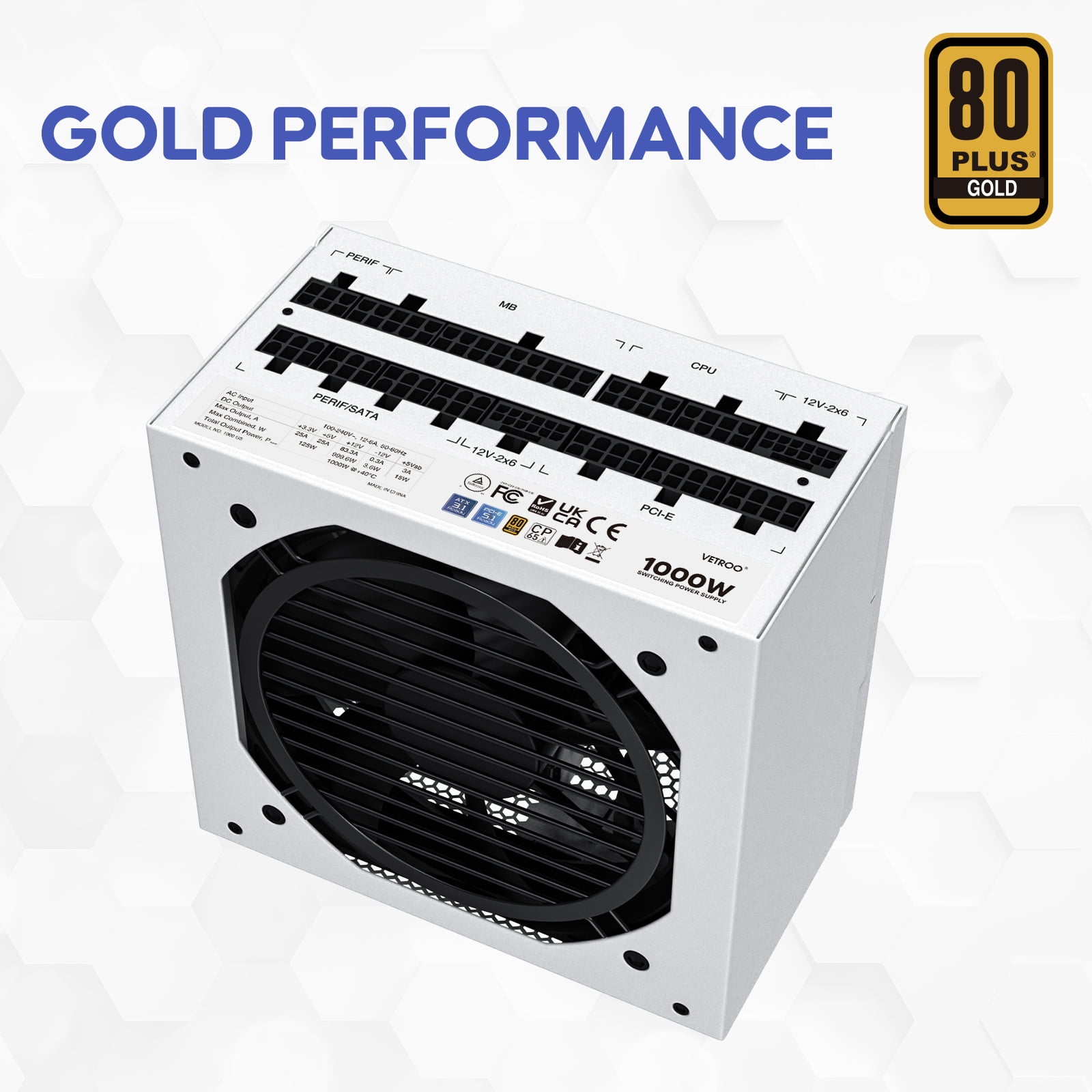 Vetroo 1000W Power Supply ATX 3.1 Ready Dual PCIe 5.1, White ATX Gaming 80 Plus Gold Full Modular Standard Compact Size PSU, Japanese 105°C Capacitors, Eco Mode w/ 120mm FDB Fan, 10 Year Warranty