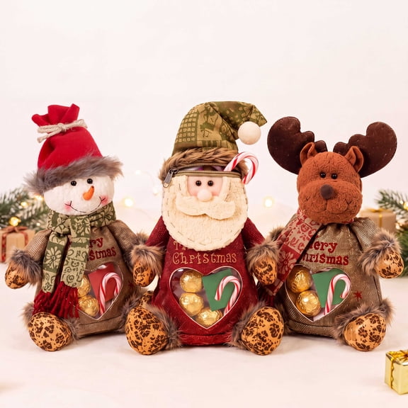 Christmas Gift Bags Zipper Design with Clear Heart Window, 3-Pack Santa Snowman Reindeer Treat Pouches for Party Favors Candy Gift Cards and Stocking Stuffers