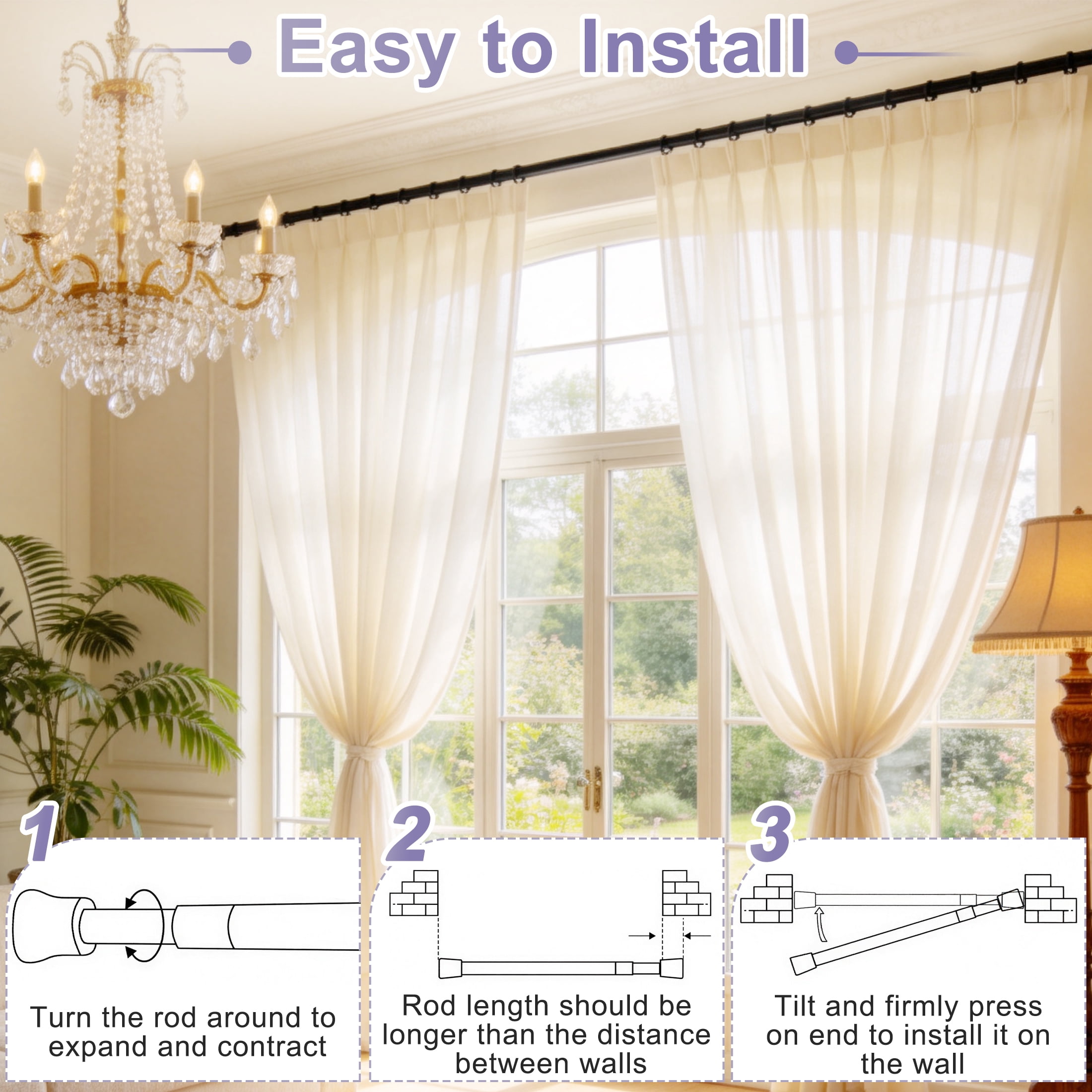 42"-72" Adjustable Tension Curtain Rod, No Drill Black Shower Curtain Rod, Tension Bar for Bathroom Shower Window Closet