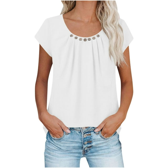 Ashirexll Short Sleeve Shirts for Women, Solid Color Short Sleeve Round Neck Button Cuff Open Pullover T Shirts