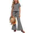 thumbnail image 2 of Babcutegg Striped Short Sleeve Round Neck T-Shirt and Flared Pant Two-Piece Set – Lightweight Summer Casual Outfit for Girls Black Size 3T, 2 of 8