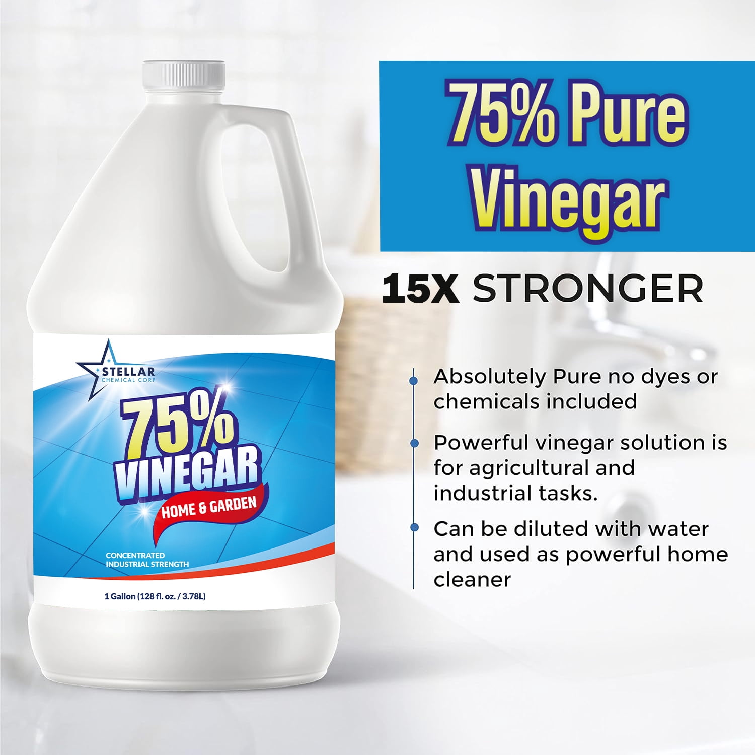 Stellar Chemical Corp - 75% Pure Vinegar - 100% Natural Concentrated Cleaner - Dilutes to 15 Gallons - 15x Power Vinegar - 1 Gallon