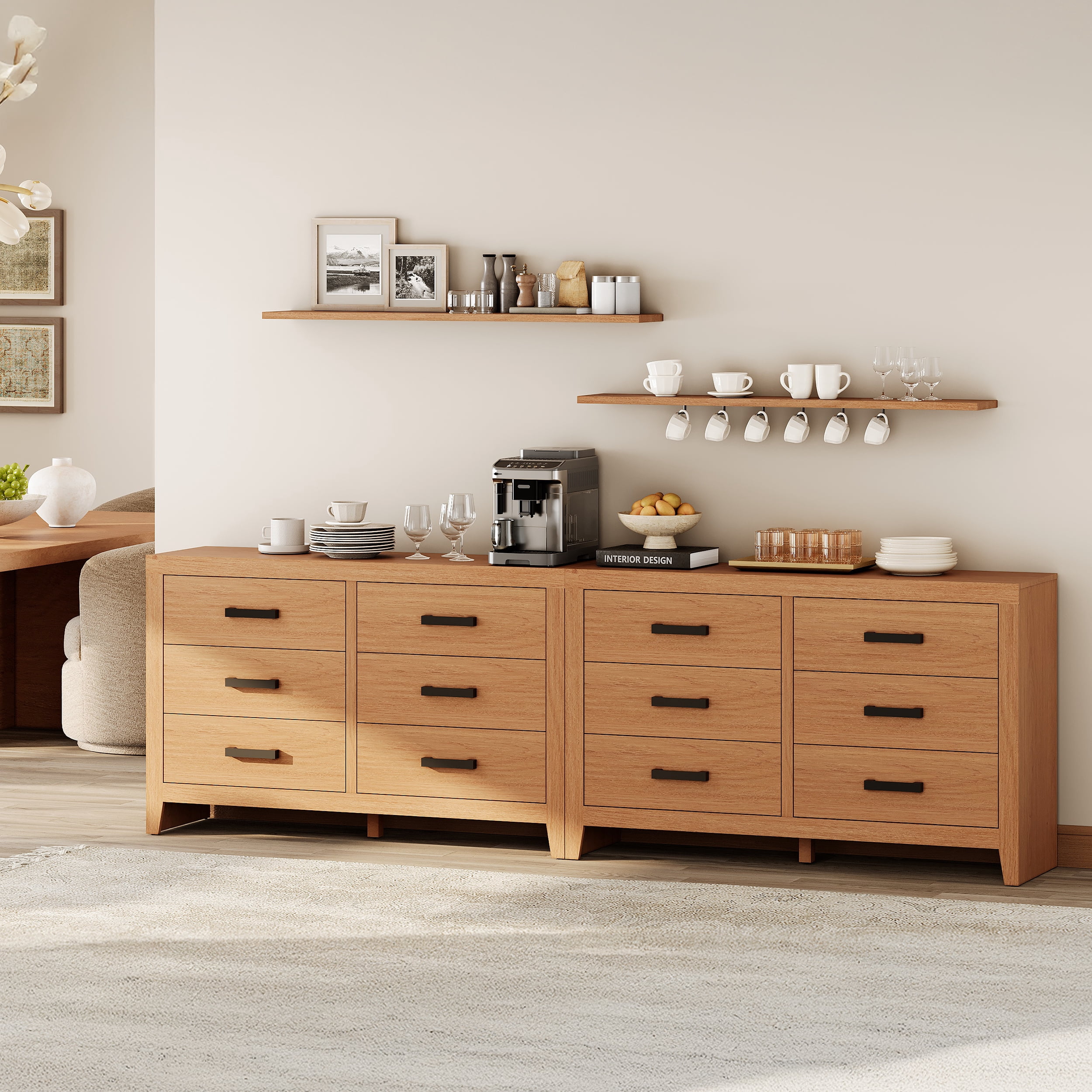 WAMPAT Farmhouse Wooden Sideboard with 12 Drawers, 106 Inch Wide Rustic Storage Sideboard Cabinet, Multi-Functional Buffet Cabinet for Living Room, Dinning Room, Beige