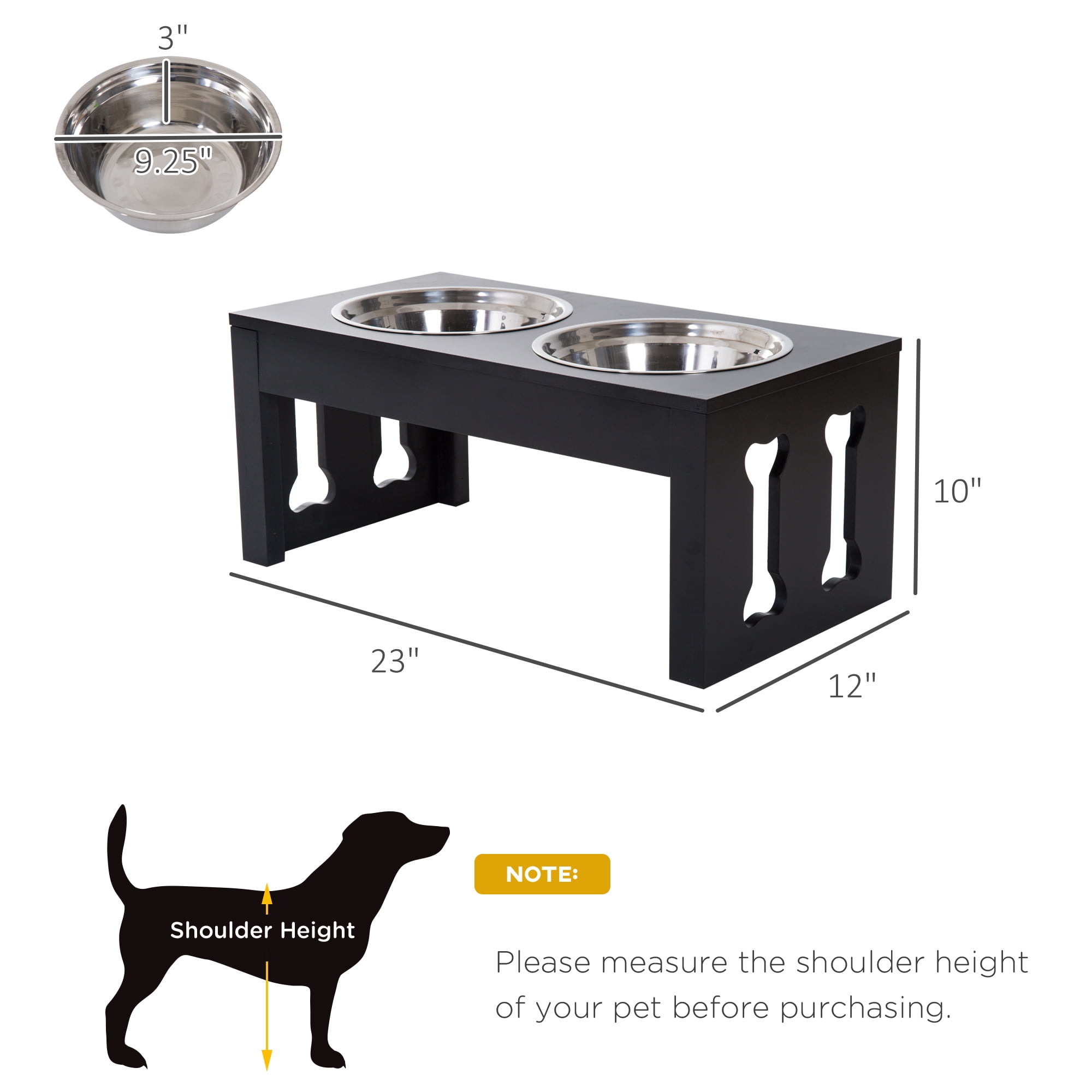 23" Modern Decorative Dog Bone Wooden Heavy Duty Pet Food Bowl Elevated Feeding Station, Black