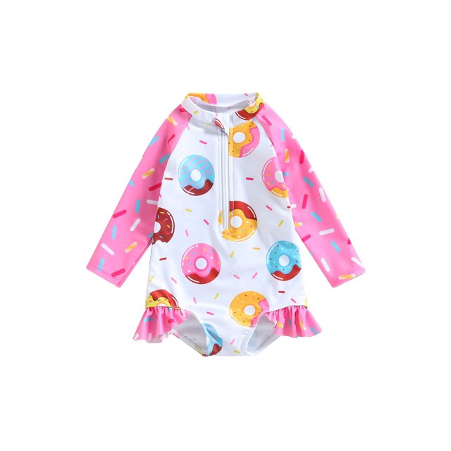 Traje de baño de una pieza Vigorbear para niñas pequeñas, con volantes, estampado de escamas de pescado y donas, manga larga, cuello redondo, media cremallera y volantes