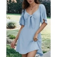 thumbnail image 3 of Deep V Neck Elegant Bow Tie Mini Dress Light Blue S, 3 of 8