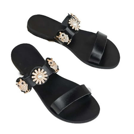 

Slippers for Womens Peep Toe Flats Slip On Shoes Metal Flower Decoration Summer Casual Comfort Slide Beach Shoes