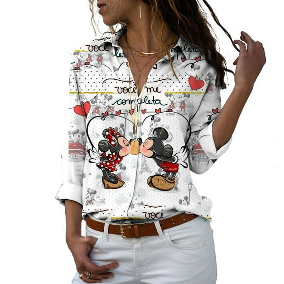 New 2024 Harajuku Slim Fit 3D Printed Women's Button Up Long Sleeve Lapel Mickey Minnie Casual Cute Shirt y2k