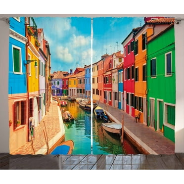 Ambesonne Venice Curtains 2 Panel Set, Colorful Buildings Boats, 108" x 90", Multicolor