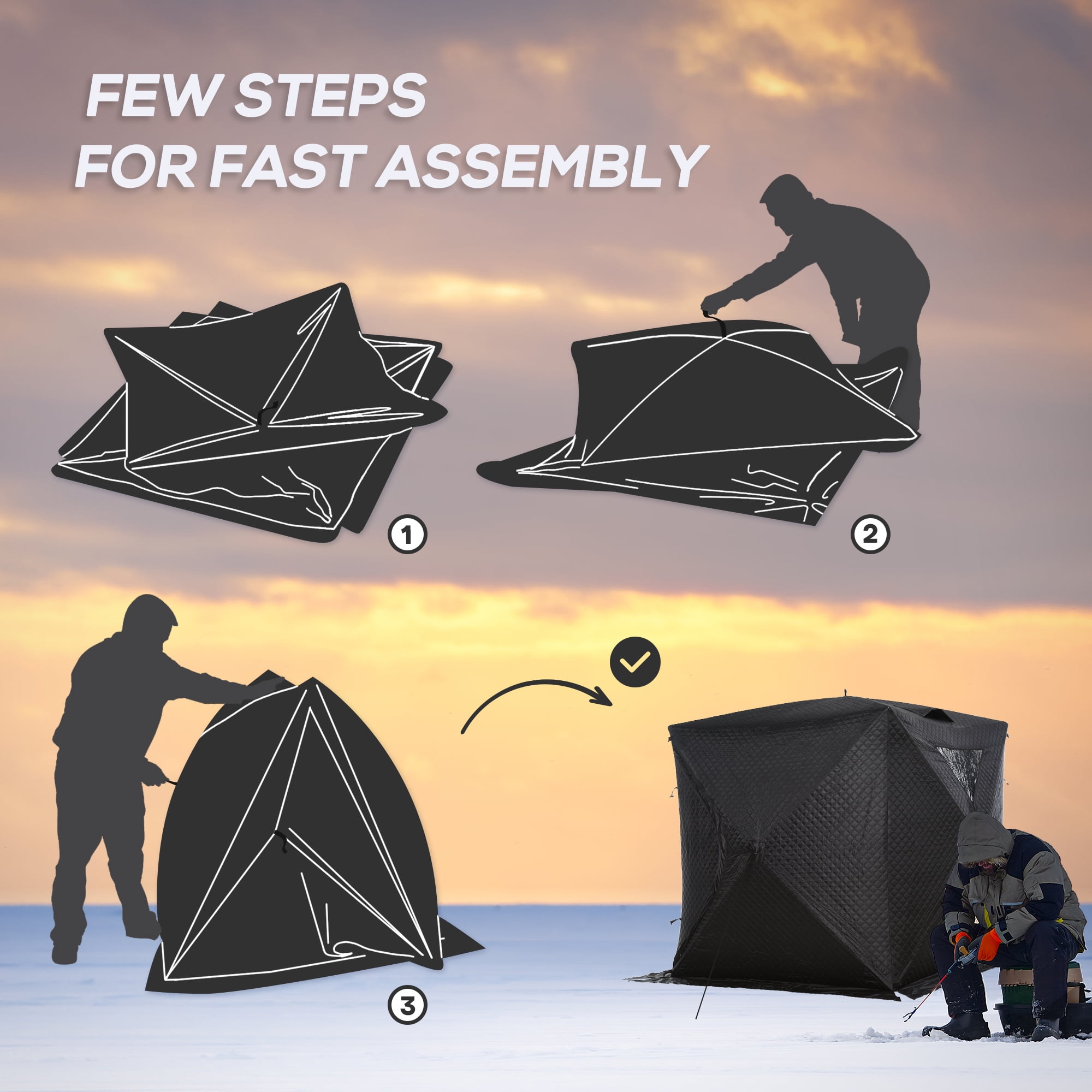 Outsunny 2 Person Ice Fishing Shelter, Pop-up Ice Fishing Tent, Ice Shanty,  Portable and Insulated, with 2 Doors and Carrying Bag, Black 