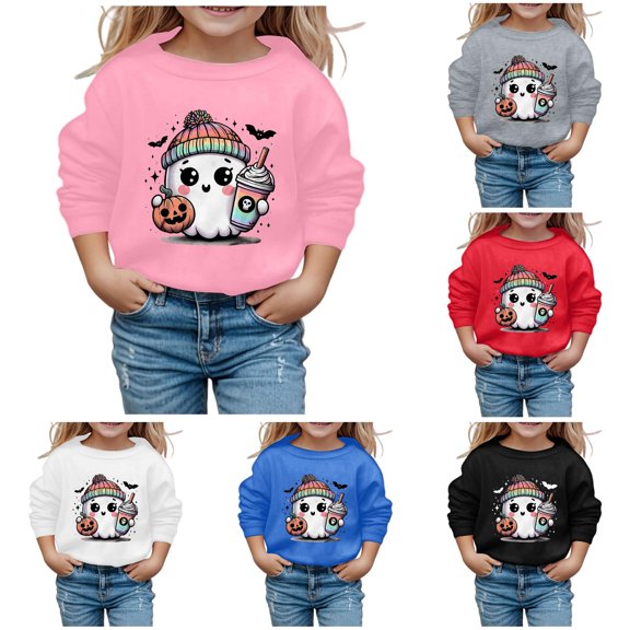 Oiyii Toddler Girl's Halloween Cartoon Graphic Sweatshirt Crew Neck Long Sleeve Casual Pullover Tops Holiday Sweatshirt,Pink