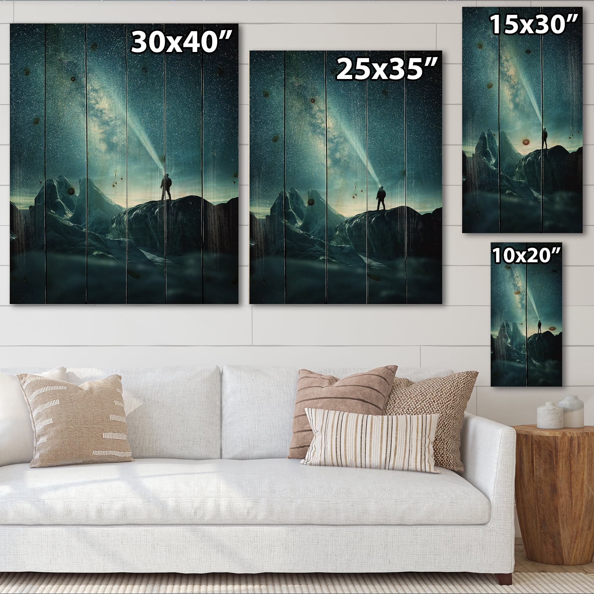 Designart 'A Light Shining by A Man Shining Into The Night Sky' Modern Print on Natural Pine Wood