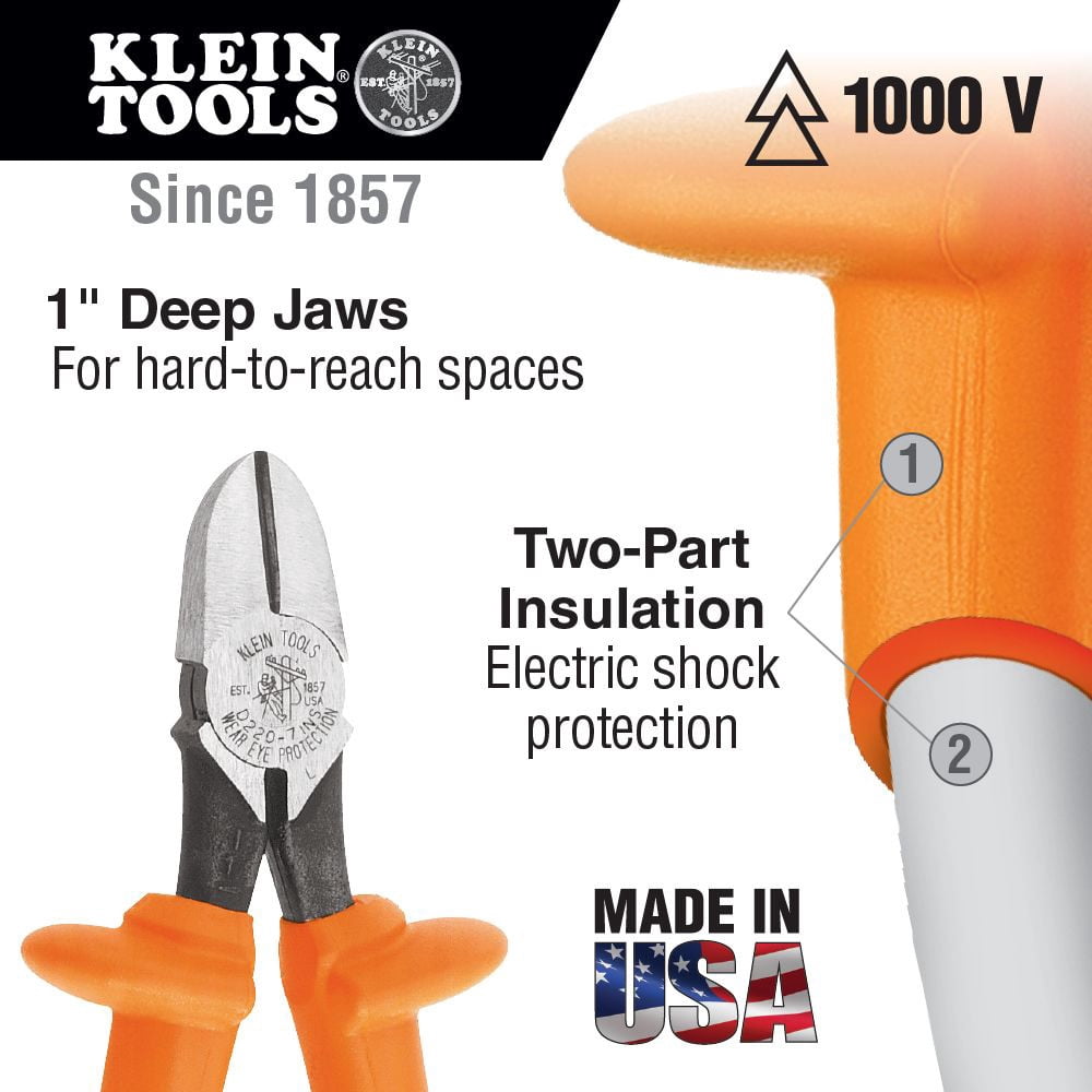 Klein Tools Heavy-Duty Diagonal Cutter Pliers, 7 11/16 in, Bevel, Insulated - 1 EA (409-D220-7-INS)