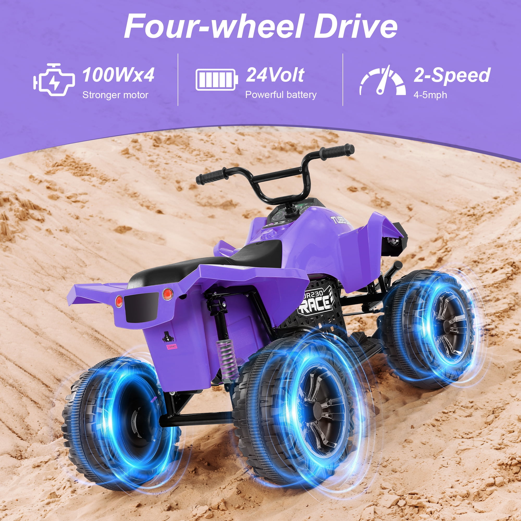 Neche 24V 2 Seater Ride on Toy, 4*200W Motors,9AH Battery Powered ,4-Wheeler Kids ATV with Bluetooth & LED lights, for Ages 3-8,Purple