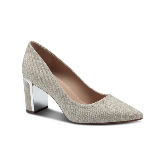 ALFANI Womens Beige Linen Metallic Heel Accent Cushioned Jensonn Pointed Toe Block Heel Slip On Pumps Shoes 7.5 M
