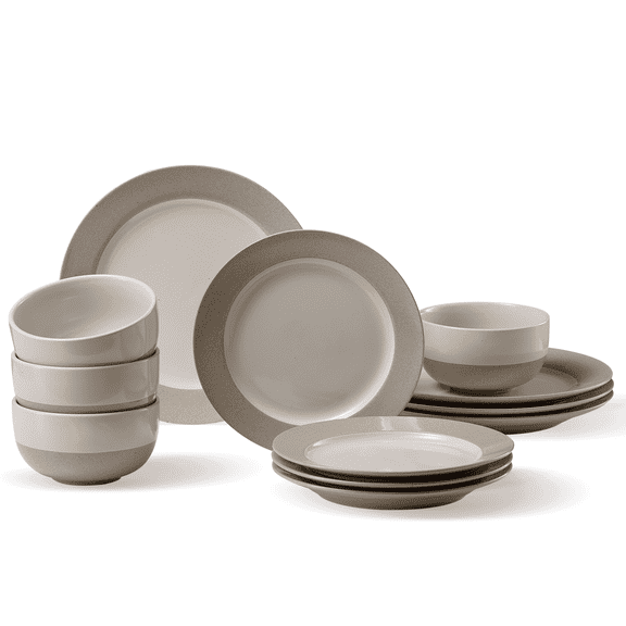 Carote Stoneware Dinnerware Sets,12 Pieces Dishes Set,Salad Plates,Dinner Plates and Bowls Sets for 4,Acacia Round Bowls for Dinning Table, Kitchen Plates ,Microwave and Dishwasher Safe,Highly Scratc