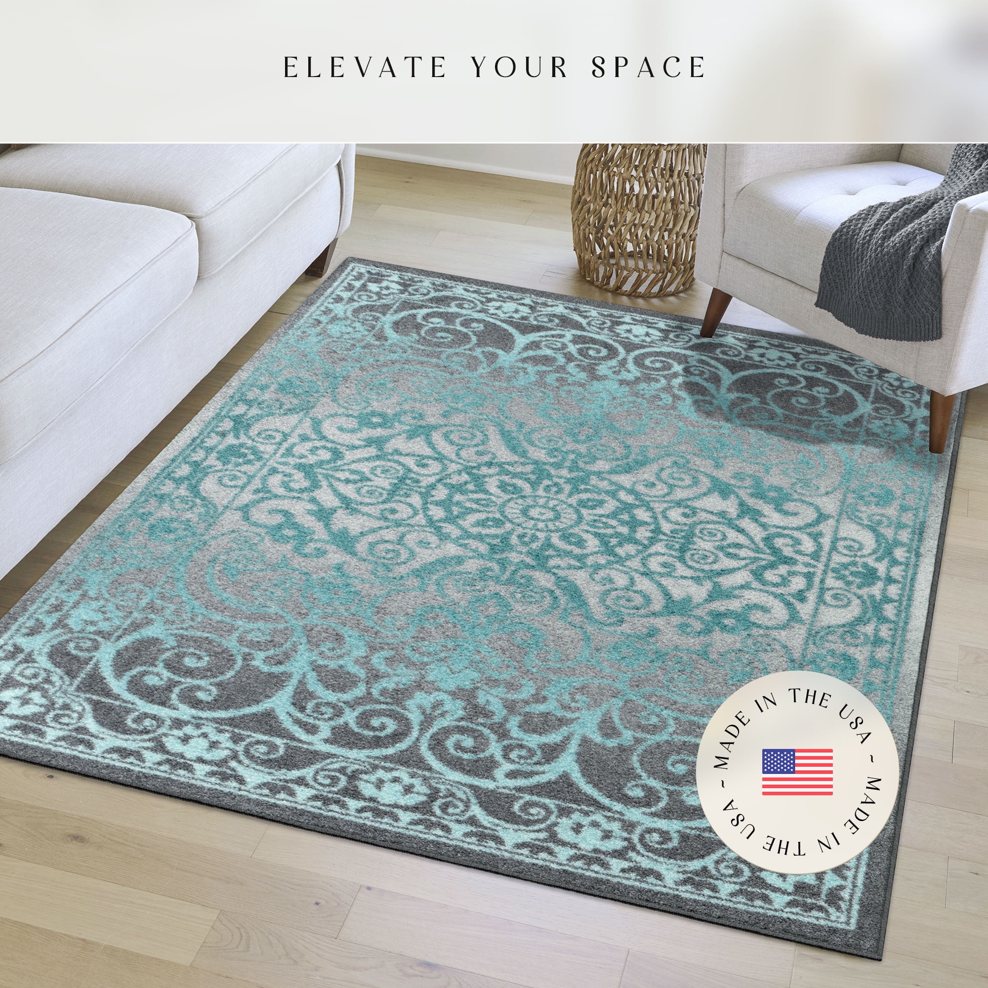 Maples Rugs Pelham Transitional Vintage Scroll Grey Blue Non Slip Indoor Area Rug, 5' x 7'