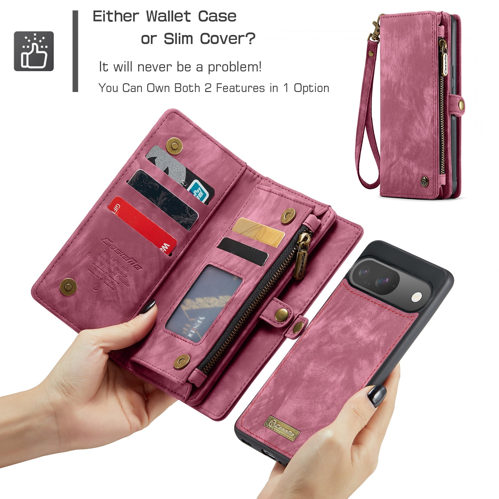 Feishell Durable 2- In-1 Magnetic Detachable Wallet Case for iPhone 16,for Women Men,Premium PU Leather Zipper Pocket Flip Multi Card Slots Purse Phone Case with Wrist Strap,Red