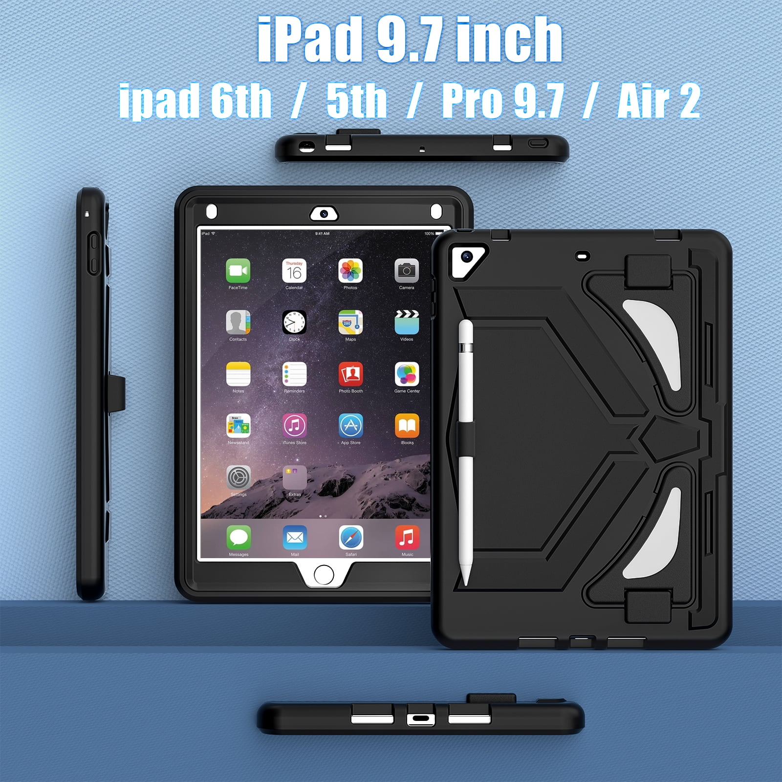 TECH CIRCLE Kids Case for iPad 9.7 2018/2017/iPad Air 2/Pro 9.7 with Pencil Holder,Shockproof Portable Handle Stand Protective Kids Case for iPad 9.7 Inch 6th Gen/5th Gen/Air 2/Pro 9.7",Black