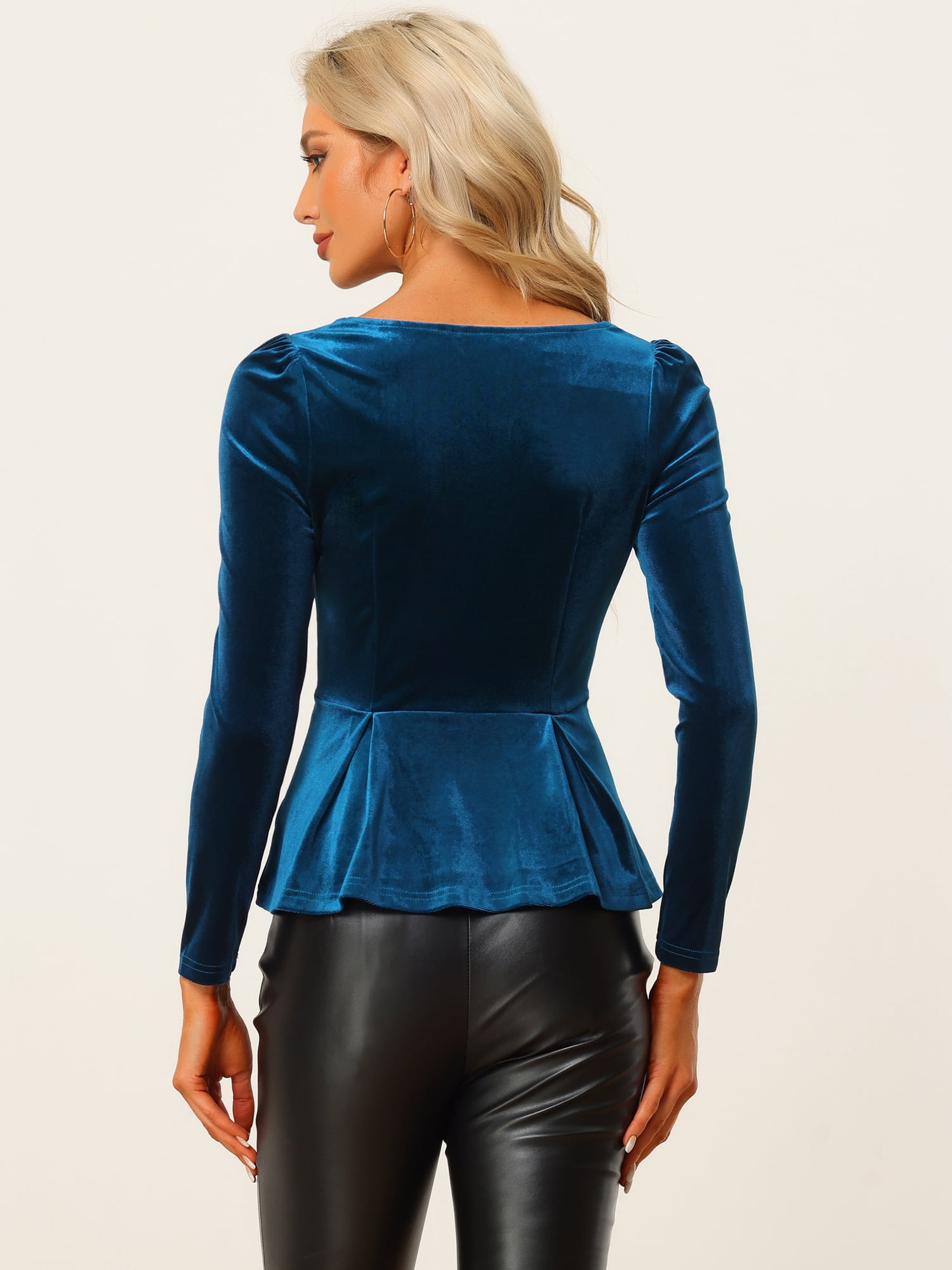 DARING DIVA Elegant Velvet Sweetheart Neck Peplum Top XS Dark Blue