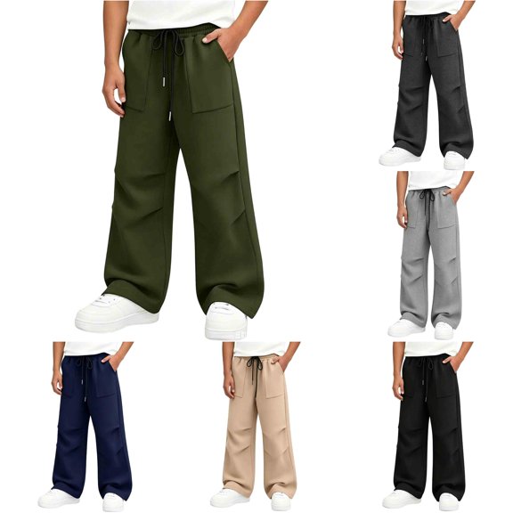 FYDUU Boys Sweatpants Baggy Elastic Waist Wide Leg Trousers Open Bottom Athletic Joggers Kids Casual Pants with Pockets for School Daily Wear Versatile Pants 11-12 Years