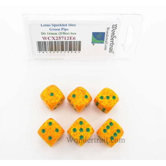 Lotus Speckled Dice with Green Pips D6 16mm (5/8in) Pack of 6 Wondertrail