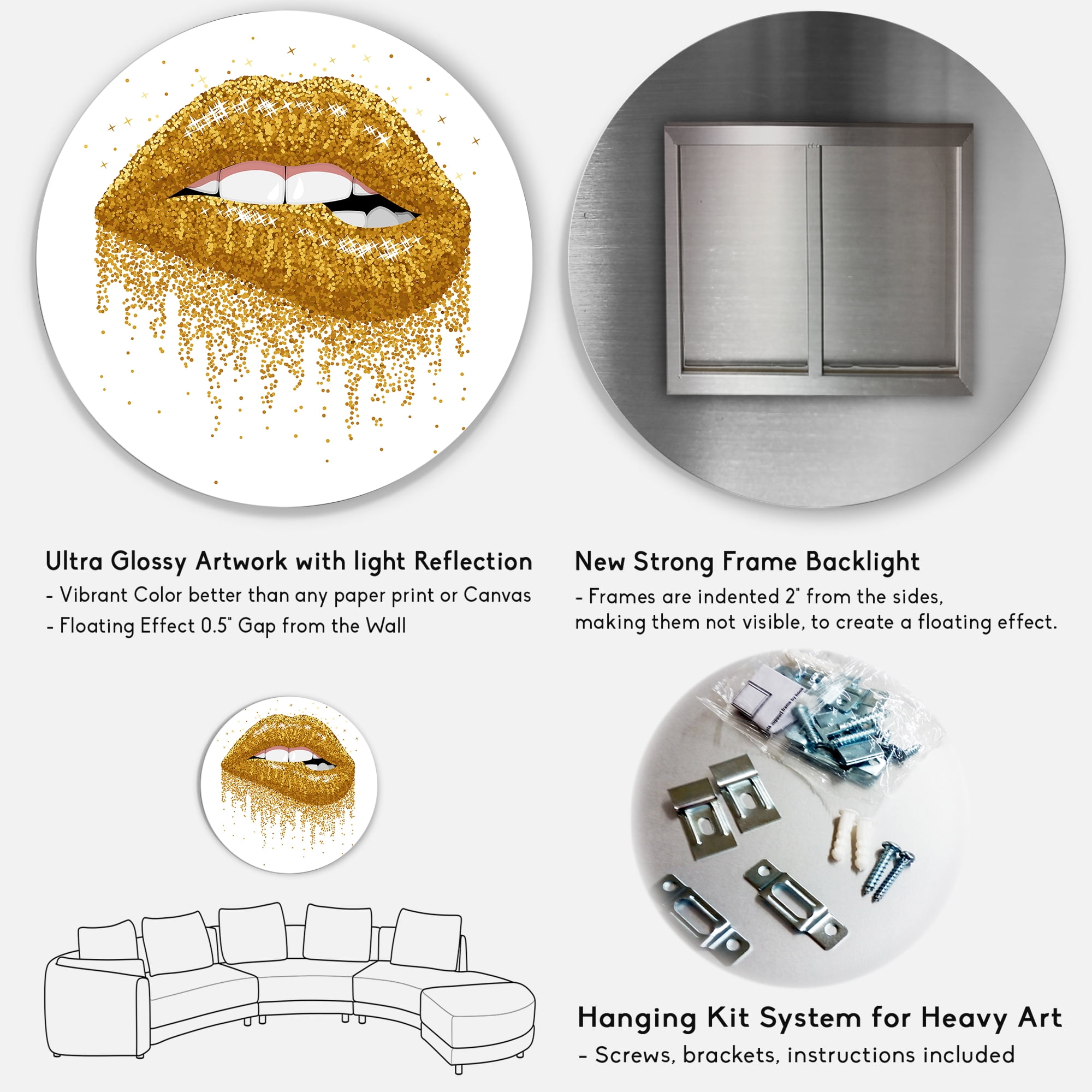 Designart 'Girl Lips With Glitter Gold Sparkles' Modern Circle Metal Wall Art 23x23 - Disc of 23