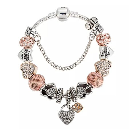 Essenburg Titanium Ion Plated Silver 19 cm Heart Charms Pandora inspired Bracelet, Rose Gold