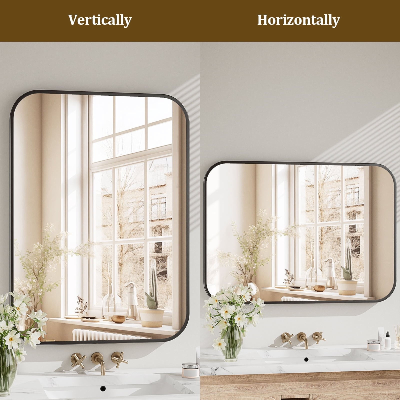 Puremirror 20"x28" Bathroom Mirror Rectangular Wall-Mounted Mirror with Metal Frame, Black