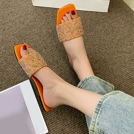 

Fanxing Women s Classic Flat Sandals Glitter Rhinestones One Strap Slip On Casual Dressy Slides Lightweight Summer Dressy Walking Shoes