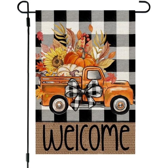Shmbada  Fall Garden Flag Pumpkins Truck 12x18 Inch Double Sided for Outside Small Burlap Autumn Welcome Holiday Buffalo Plaid Yard Decoration