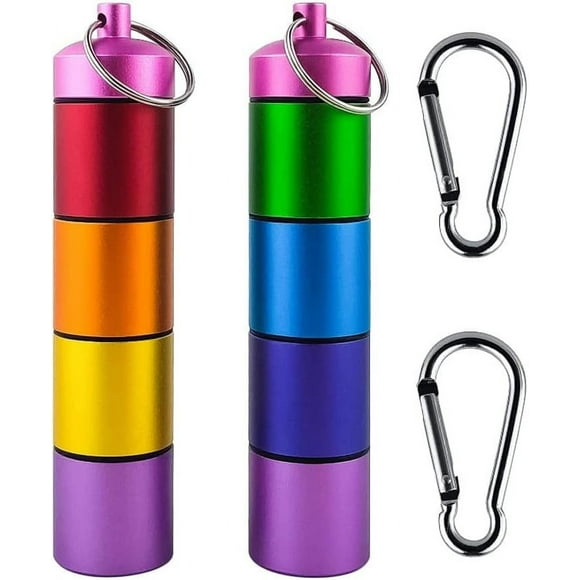 shiyou-7 Days Rainbow Colour Aluminum Pill Bottle with Carabiner Stackable Metal Pill ContainerWaterproof Travel Cute Pill Box Holder (2 Rainbow Pill Bottle)