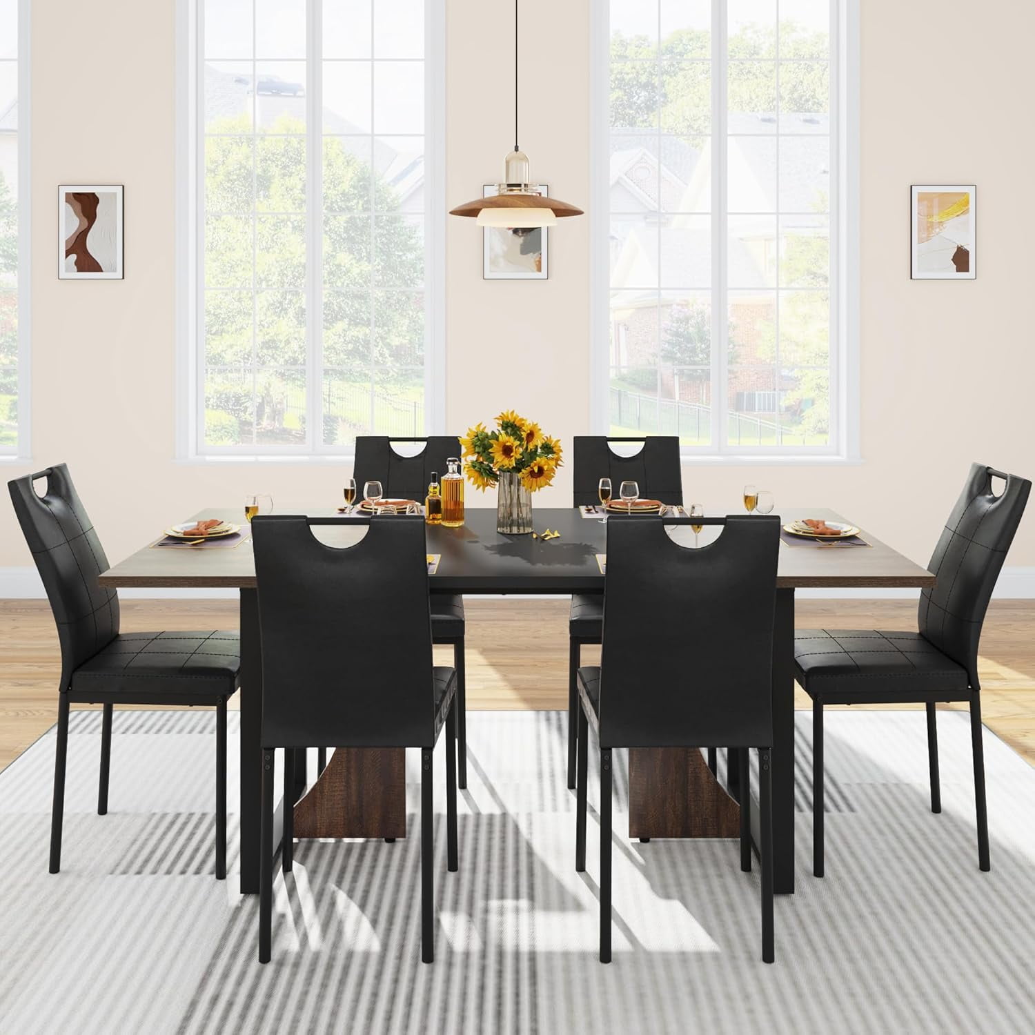 ChVans 7 Pcs Dining Table Set for 4-6 People with Chairs,70" Kitchen Dinner Table W/Waterpoof Wooden Tabletop,6 PCS Upholstered PU Chairs,Rectangular Wood Tables W/Adjustable Leg for Home Dining Room
