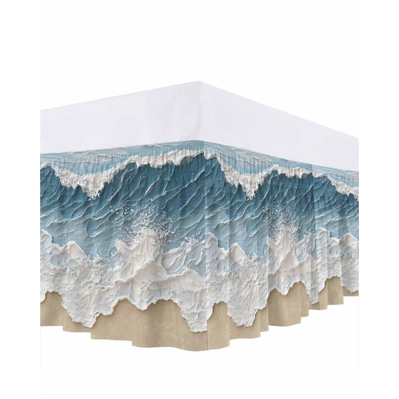 Abstract Beach Wave Ruffle Bed Skirt Queen Size Blue Watercolor Modern Art Adjustable Elastic Dust Bed Skirts Wrap Around Bedskirt Wrinkle Free Easy Fit with 18 Inch Drop