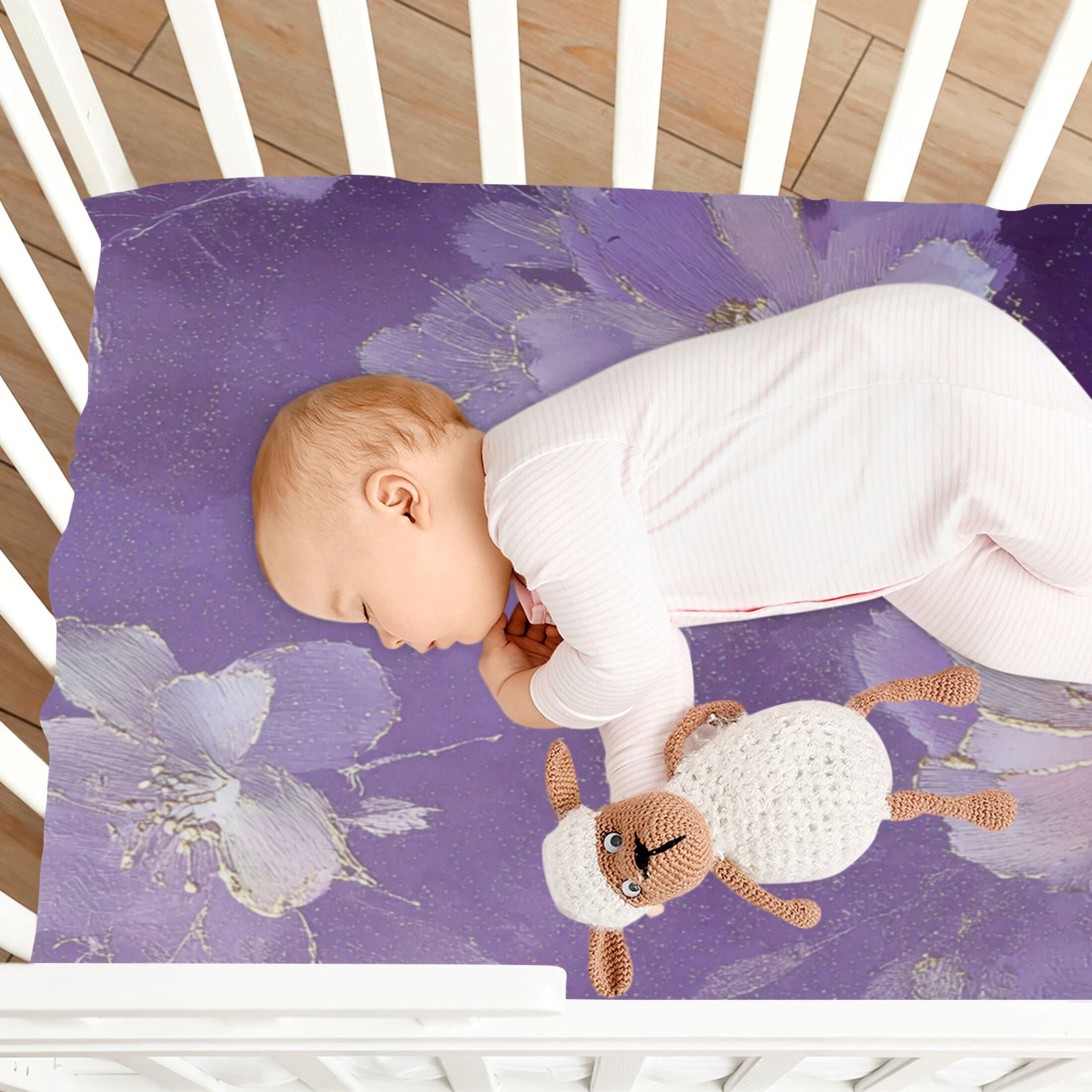 Baby Essentials 52”x 28”- Standard Cotton-like Modal Elastic- Purple Flower Pattern Design Crib Sheets for Newborns and Toddlers