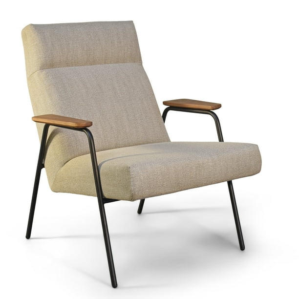 Melbourne Modern Mid Century White Lounge Chair With Walnut Wood Armrests And Black Steel Legs Beige Upholstered Seat Com Steel Legs Beige Upholstered Seat, Mid Century Outdoor Furniture Melbourne