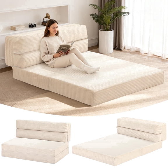 5 inch Fold Mattress,Corduroy Folding Mattress Made of a Whole Foam,Corduroy Portable Foldable Floor Bed for Sleeping,Camping,Queen,Beige