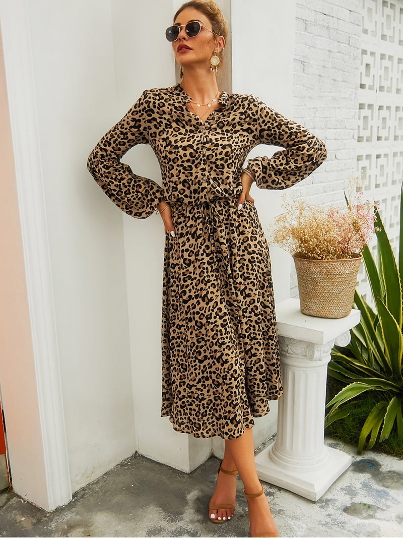 Women's Leopard Print Half Placket Long Lantern Sleeves Drawstring Tie  Waist Midi Dress, Khaki, Small - Walmart.com