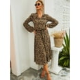 thumbnail image 2 of Women's Leopard Print Half Placket Long Lantern Sleeves Drawstring Tie Waist Midi Dress, Khaki, Large, 2 of 5
