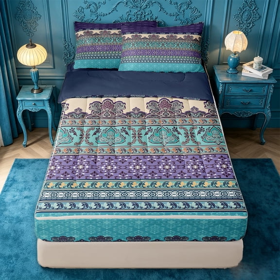 jejeloiu Boho Border Zipper Twin Comforter Sets with Fitted Sheet and 2 Pillowcases For Men Women,Floral Print Zipper Bedding Set,Purple Teal,Navy Blue Reversible,4-Piece