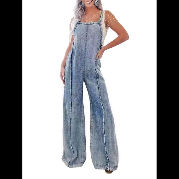 Mono Vaquero Holgado para Mujer, con Tirantes Ajustables, Pierna , Pantalones Largos y Deshilachados. Azul L
