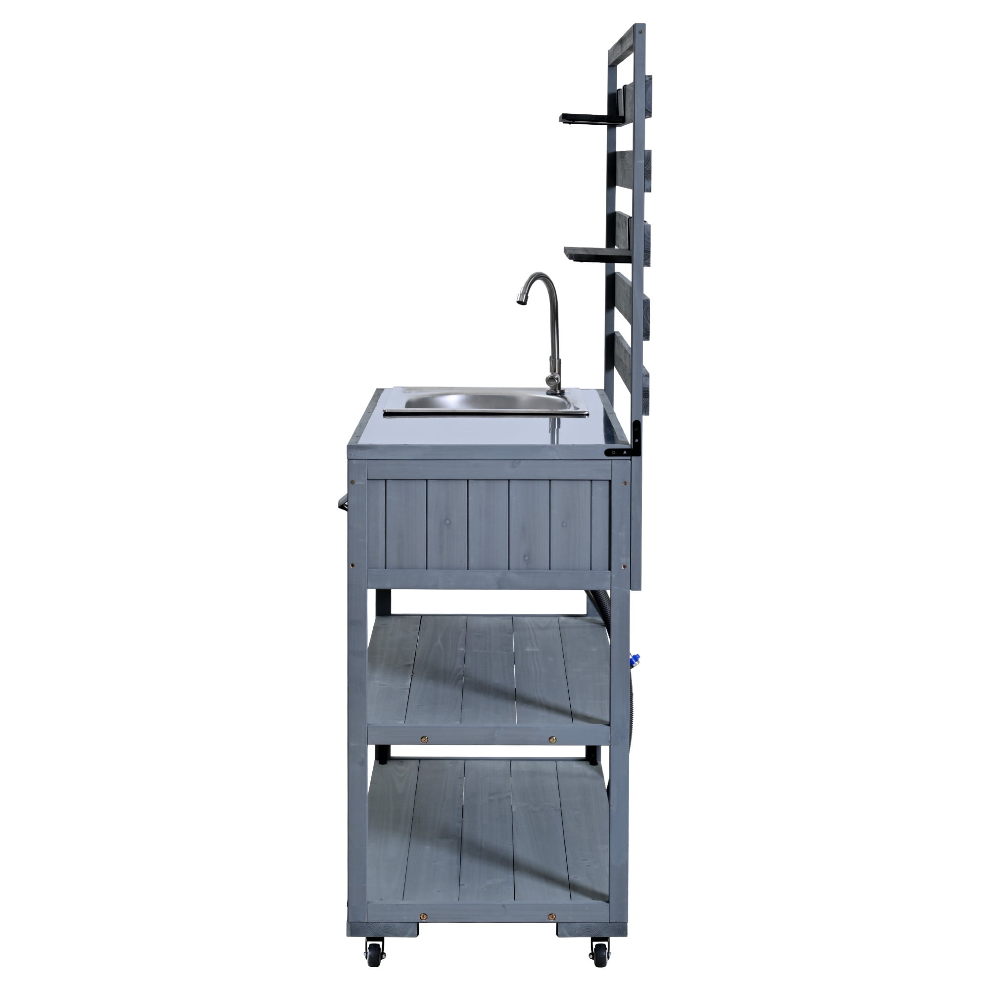 Mintazer Outdoor Rolling Kitchen Island with Sink & Faucet, Garden Potting Bench with Stainless Table Top & 2 Movable Shelves and Bottle Opener, Gray