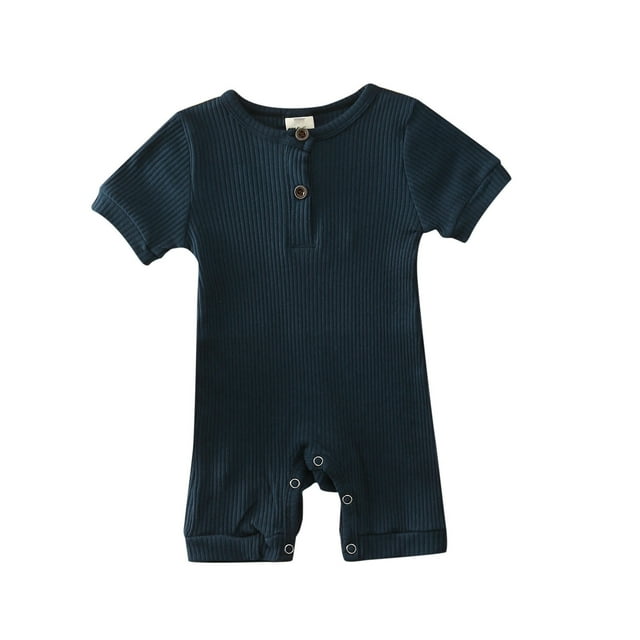 Toddler Newborn Girls Rompers Summer Casual Knitted Ribbed Pattern Solid Color Jumpsuit Navy Infant Boy Clothes 3-6M