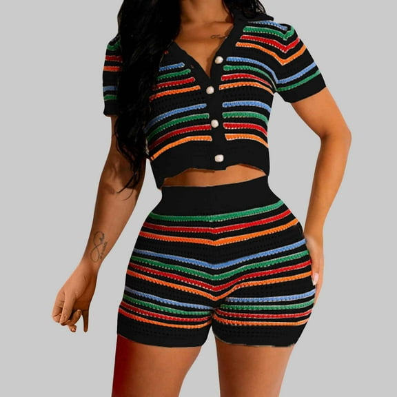RQYYD Women 2 Piece Crochet Outfit Knitted Shorts Set Hollow Out Button Shirt Summer Vacation Outfits
